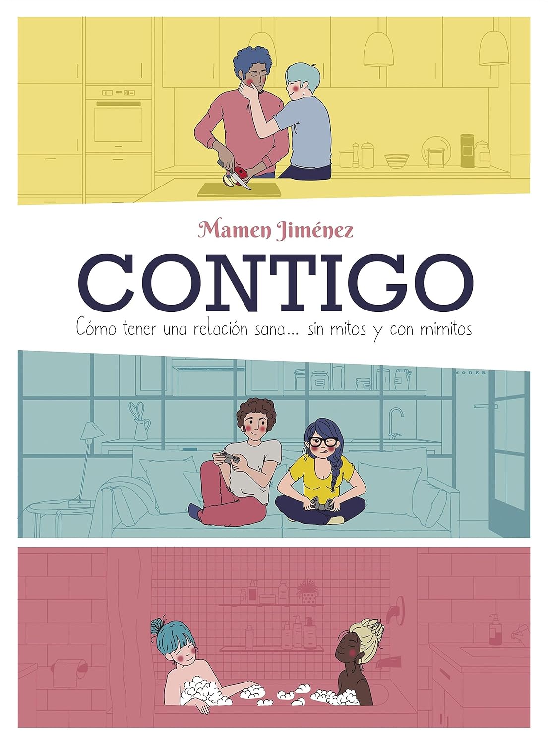 Portada del libro Contigo, de Mamen Jiménez. En ella se ven, dibujadas, varias parejas (una de dos chicos, otra de dos chicas y una pareja compuesta por chica y chico en el centro).