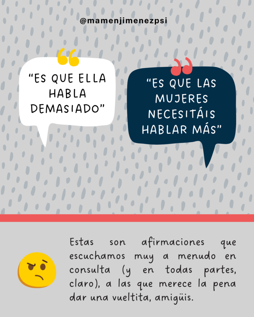 Ilustración en la que se ven dos bocadillos de diálogo. En uno dice "Mi pareja habla demasiado" y en el otro "Es que las mujeres necesitáis hablar más".