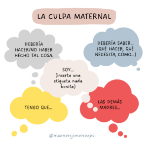 Varios bocadillos de pensamiento, en los que se leen mensajes como "las demás madres...", "tengo que..." o "no debería haber hecho/debería hacer...", mensajes que aparecen y alimentan la sensación de culpa de las madres